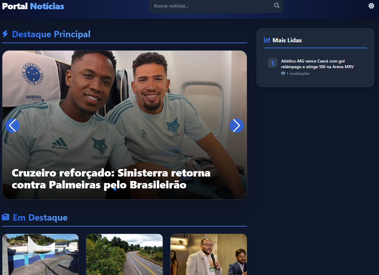 News Portal Screenshot do projeto News Portal - Real-time news aggregator with automatic web scraping, optimized SEO and modern interface with interactive carousel.
